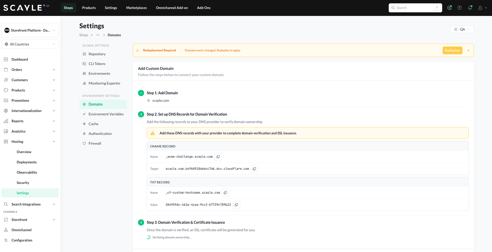 Add Custom Domain dialog showing Step 2 complete with the TXT and CNAME record values displayed, and Step 3 (Domain Verification and Certificate Issuance) now active in the background.